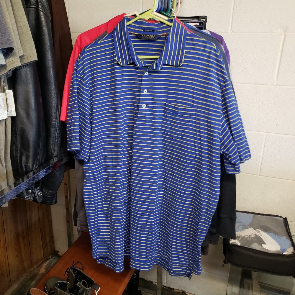 Polo GOLF Ralph Lauren ~ Polo Shirt ~ Blue / Yellow Striped ~ Vintage Lisle ~ XL
